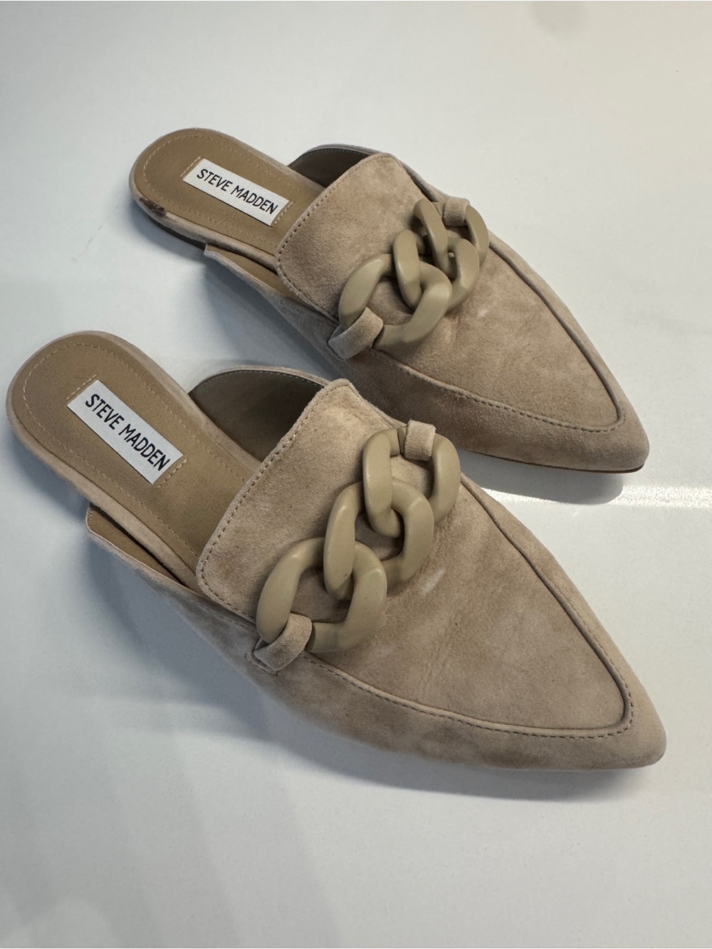 Steve Madden Taupe Suede Pointed Toe Chain Accent Mules size 8.5